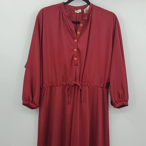 Chipper 70s 80s Long Sleeve Dress Button up Front and Drawstring Waist Vintage - Picture 9 of 16